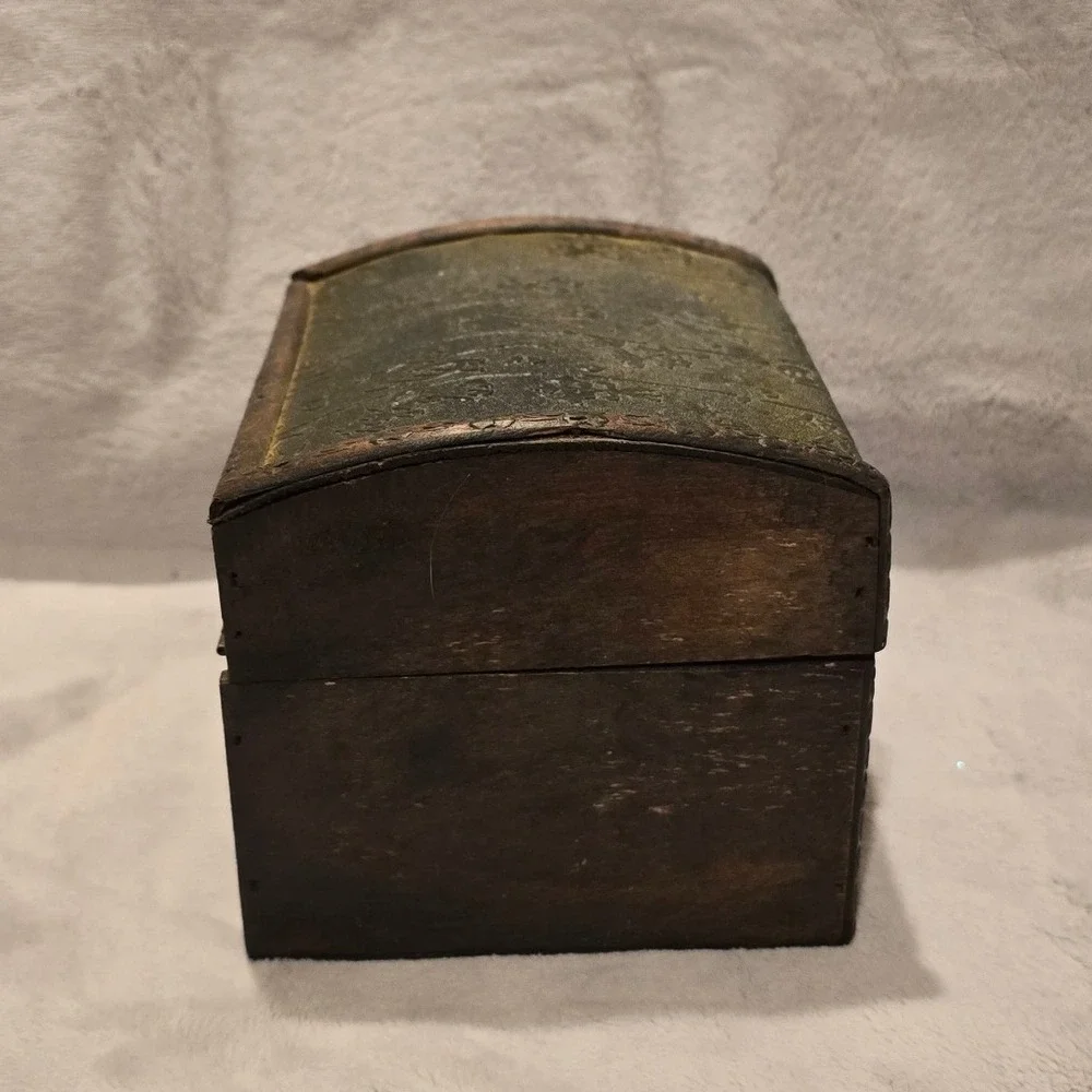 Vintage Wooden Treasure‎ Chest Trinket Box Asian Script Embossed 6